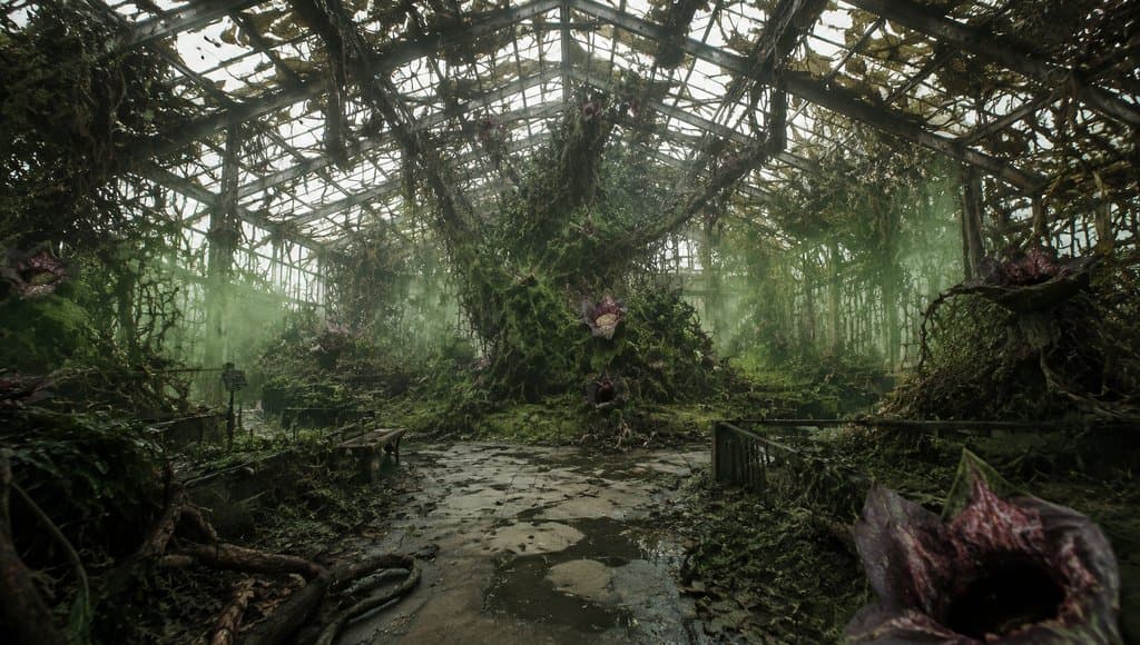 废弃温室中疯长的变异植物，破玻璃顶下弥漫孢子雾，末世废土写实场景