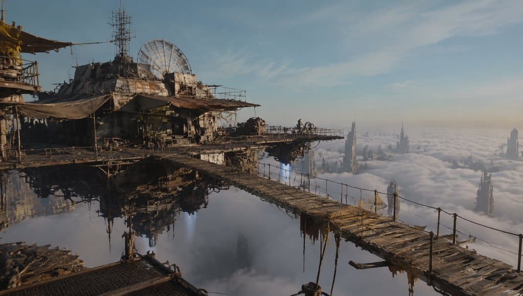 末世空中浮岛基地，锈迹斑斑的拼接平台与吊桥，倒映在云海之上的废土写实场景