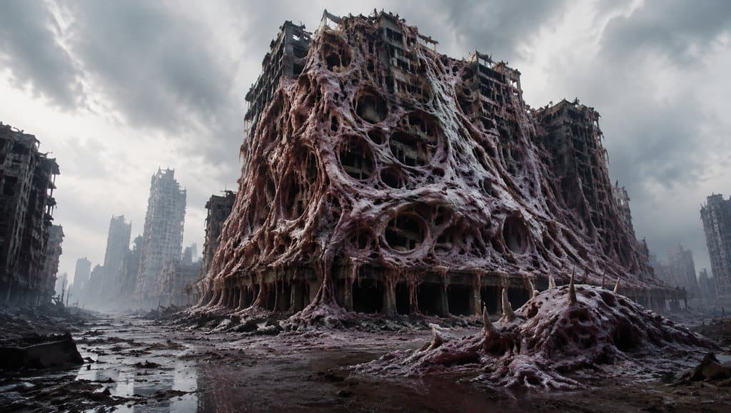 变异蜂巢建筑覆盖肉质孔洞与黏液，末世废土写实场景