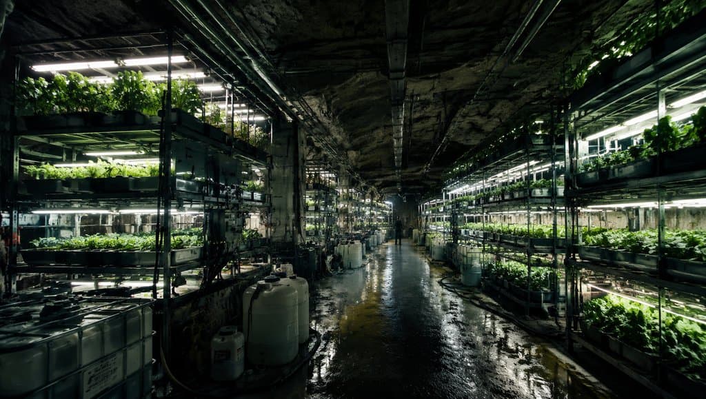 末世地下农场，层架种植绿植，荧光灯照明，科技感十足的废土写实场景
