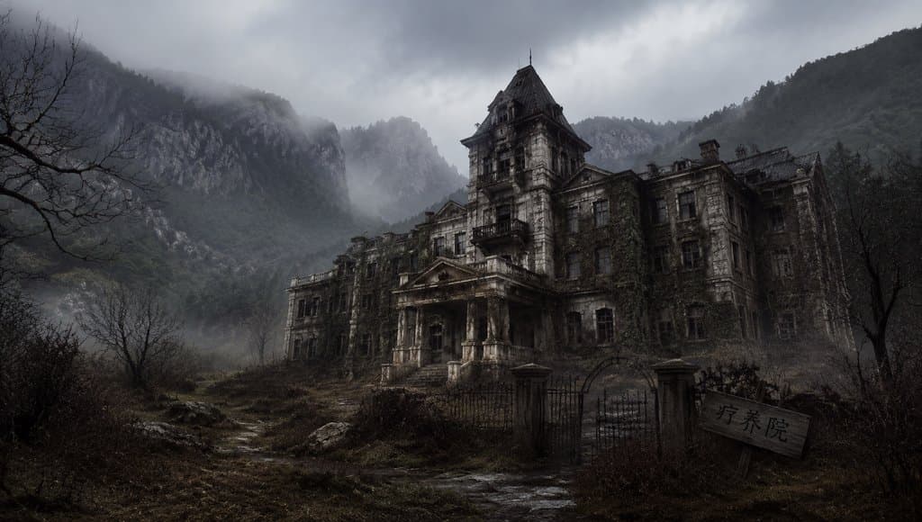 废弃疗养院，藤蔓缠绕的破败洋楼，阴雾弥漫的山间末世场景，写实风格