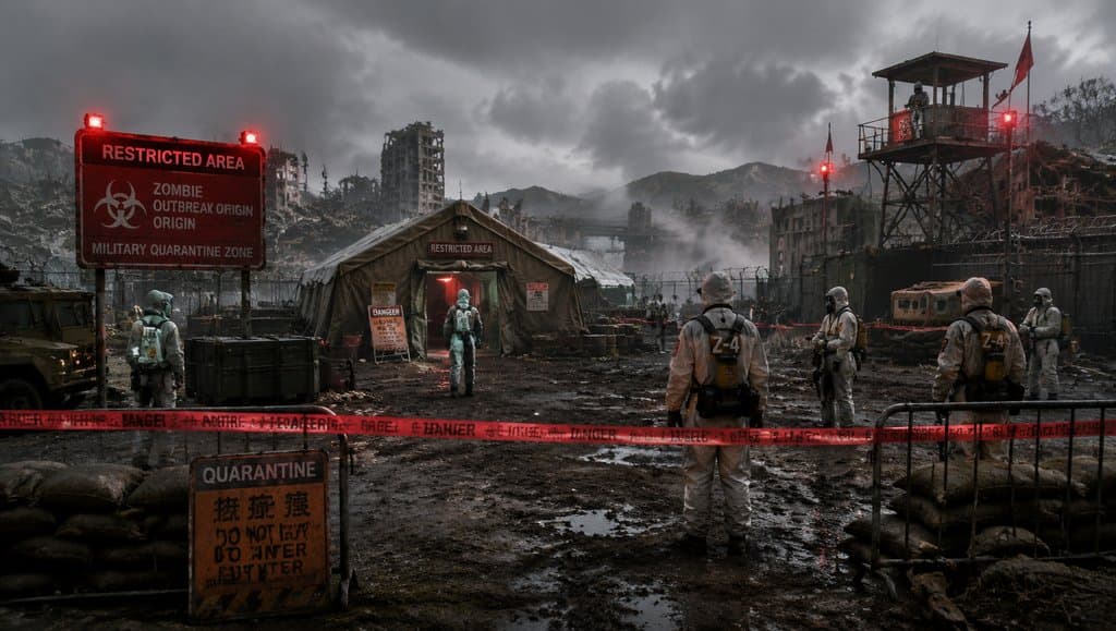 末世废土中，防化士兵守卫丧尸封锁区，隔离帐篷与警戒线环绕，写实风格