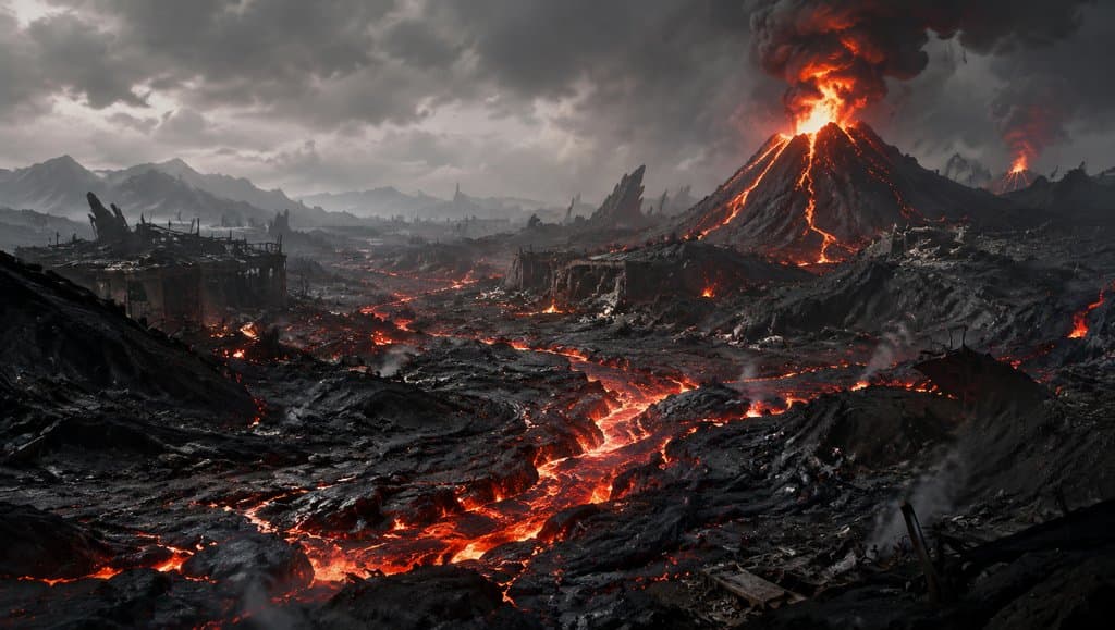 末世废土中火山喷发，岩浆流淌，焦黑废墟与炽红裂缝交织的写实场景