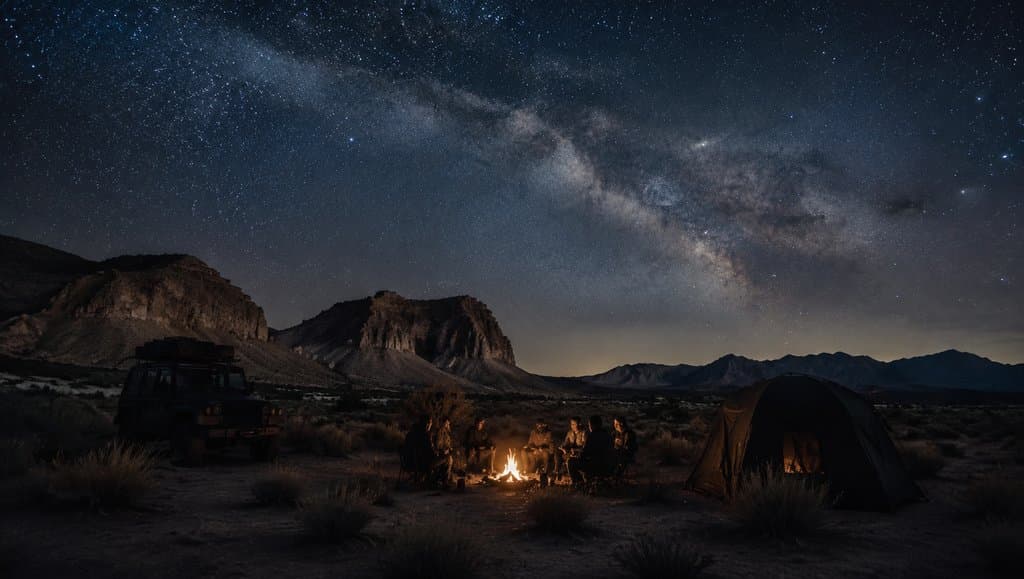 夜幕下废土营地，篝火旁人物剪影，星河璀璨，帐篷与越野车轮廓清晰，写实末世风格