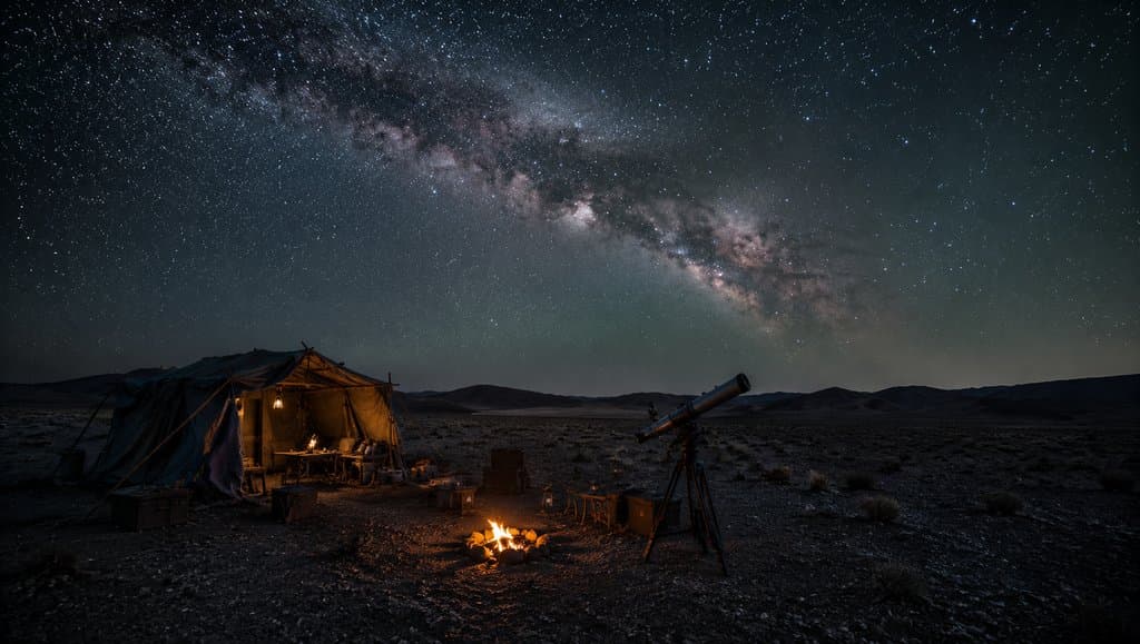 废土星空下，帐篷与篝火旁的望远镜仰望银河，写实末世露营场景