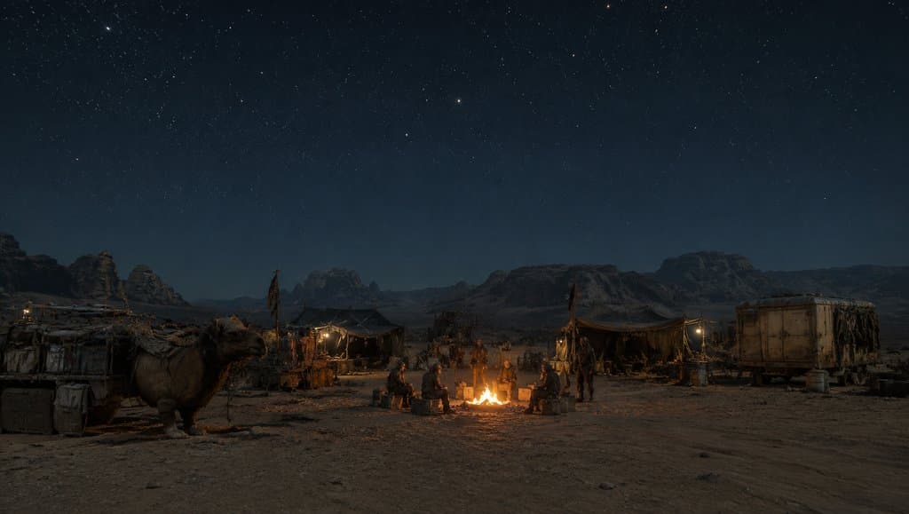 末世废土荒漠商队营地，星夜下篝火旁人物围坐，改装车与骆驼静立，写实风格