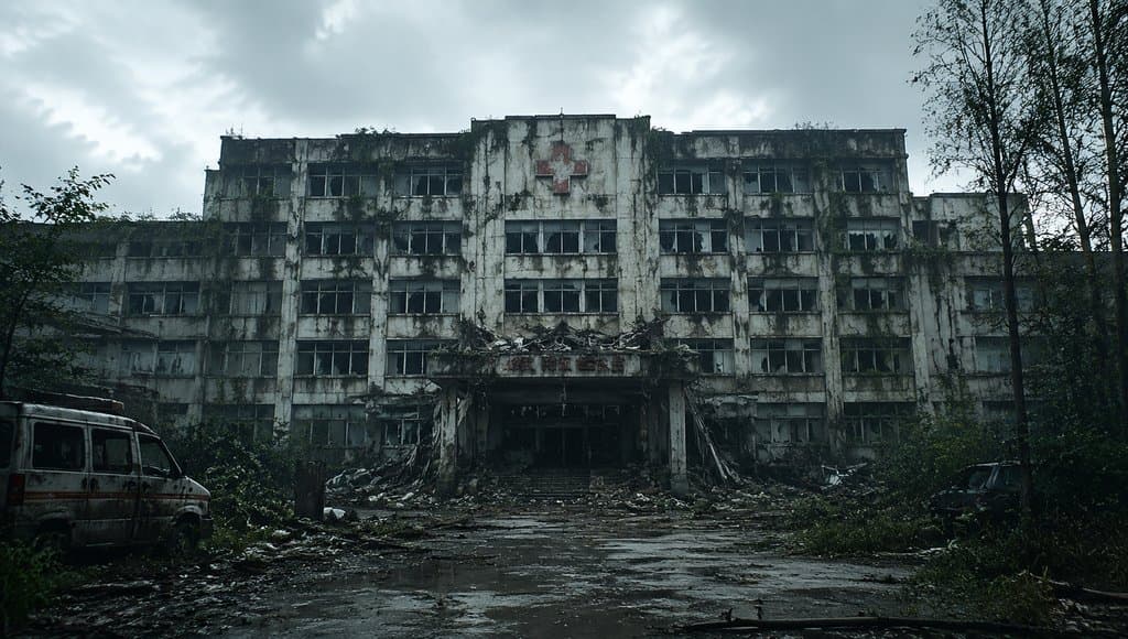废弃医院楼，红十字标志，碎窗藤蔓覆盖，末世废土风格写实建筑