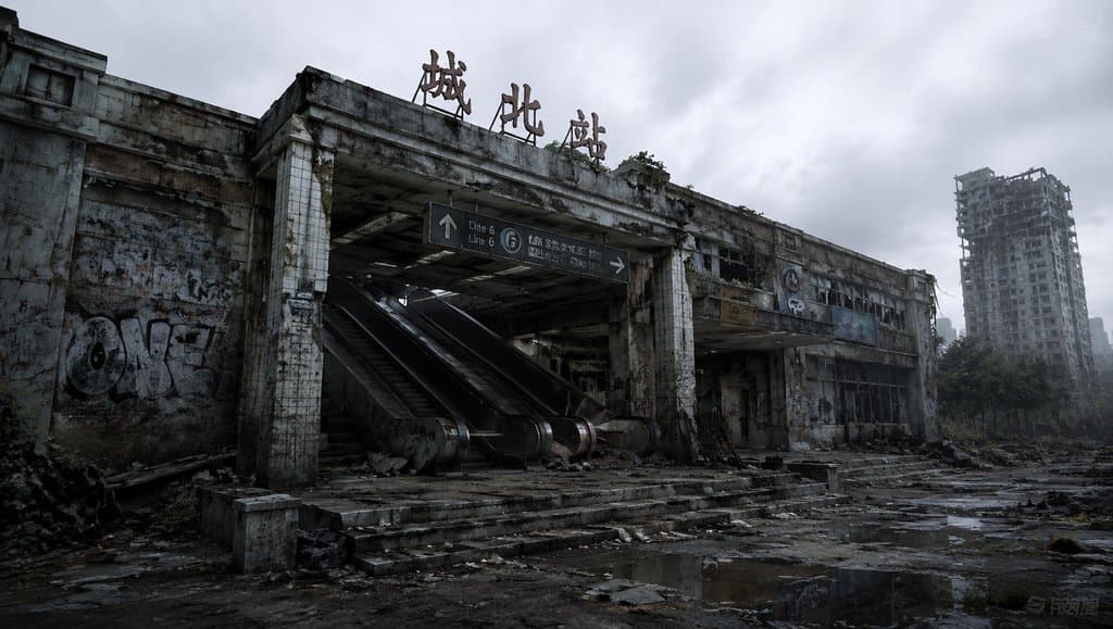 废弃地铁站入口，停摆扶梯与涂鸦墙，末世废土风格写实建筑