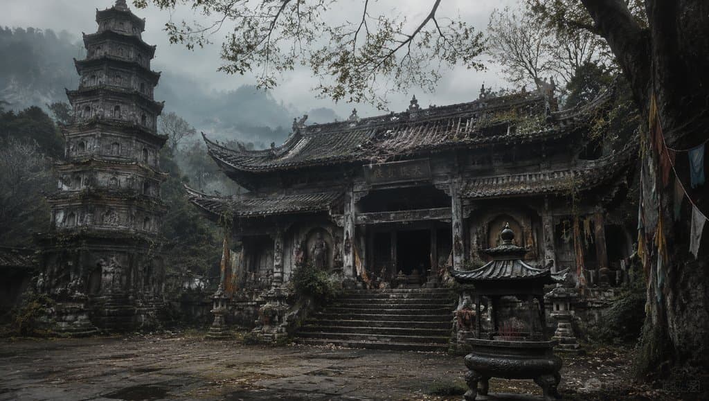 废弃寺庙与古塔，藤蔓缠绕，香炉静立，末世写实风格
