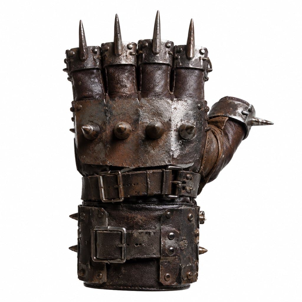 末世风格钉拳套，金属尖钉与皮革结合，写实质感