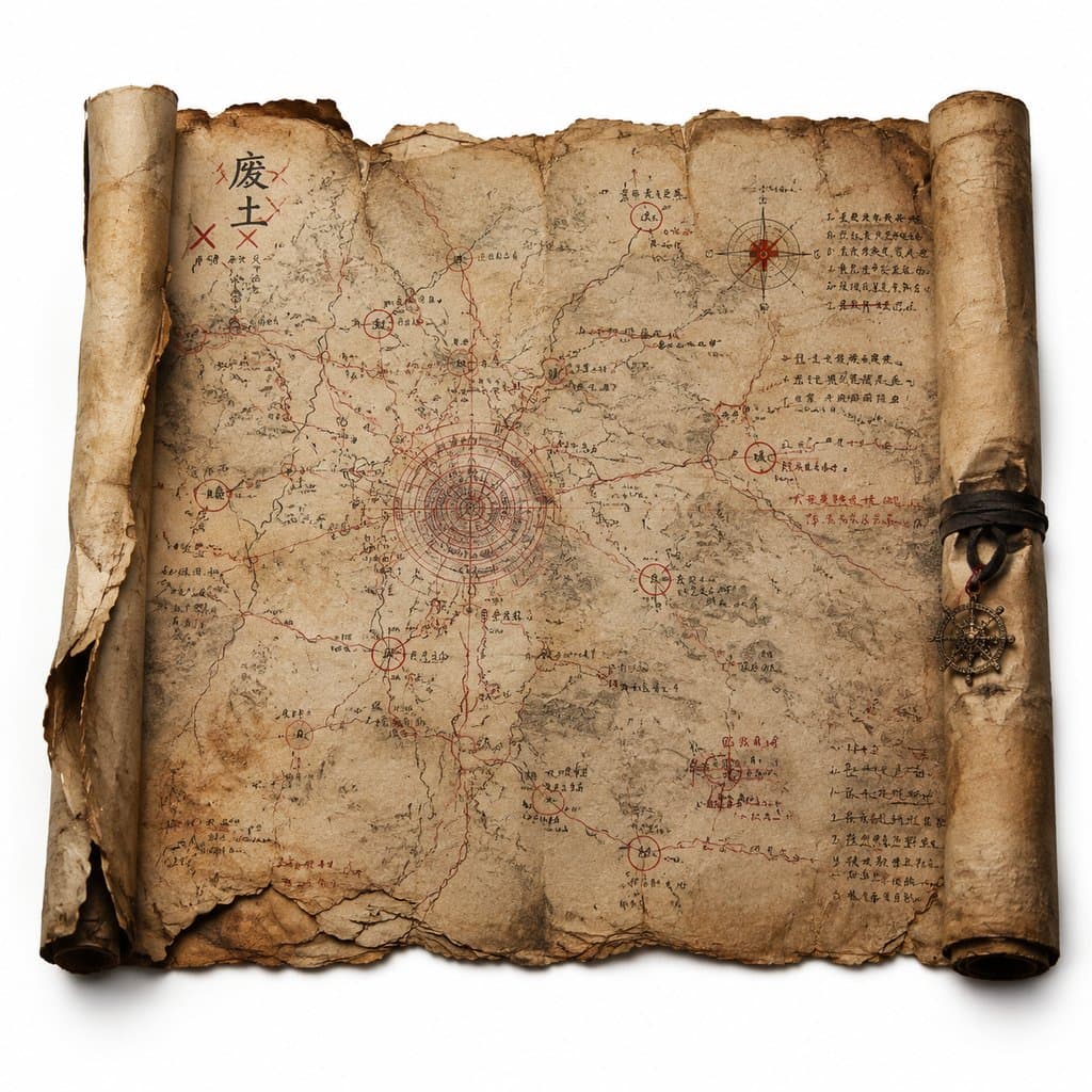泛黄卷轴地图，手绘红色标记与朱批，末世废土风格写实道具