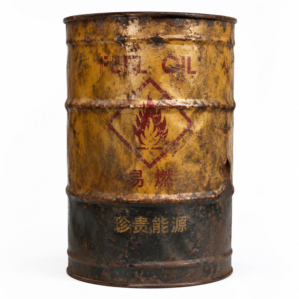 锈迹斑斑的燃料油桶，带有易燃标识和中文警示，末世废土风格写实道具