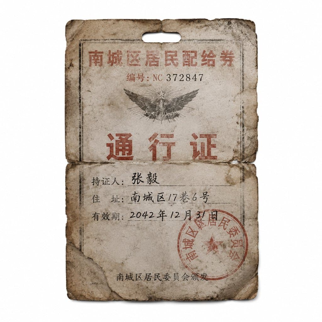 末世废土风格的配给券通行证，带有磨损痕迹和红色印章，复古写实道具