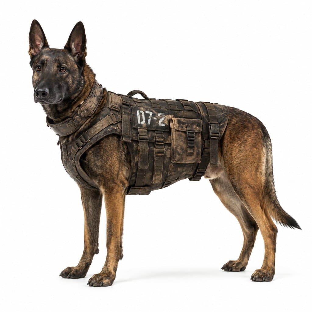 末世风格军犬佩戴护甲背心，编号D7-2，警觉站立，写实动物形象