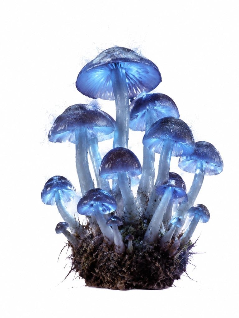 幽蓝发光孢子菌群，伞盖透光，菌柄晶莹，末世废土风格写实植物