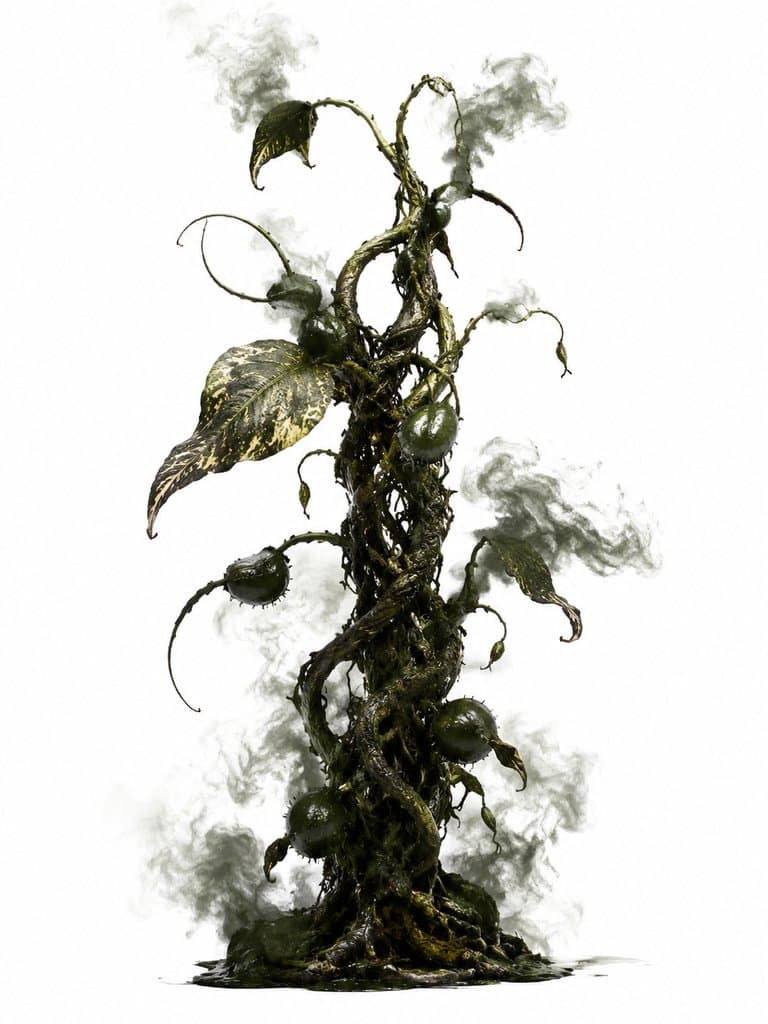 毒雾藤，暗绿色斑叶缠绕，释放毒雾，写实末世植物