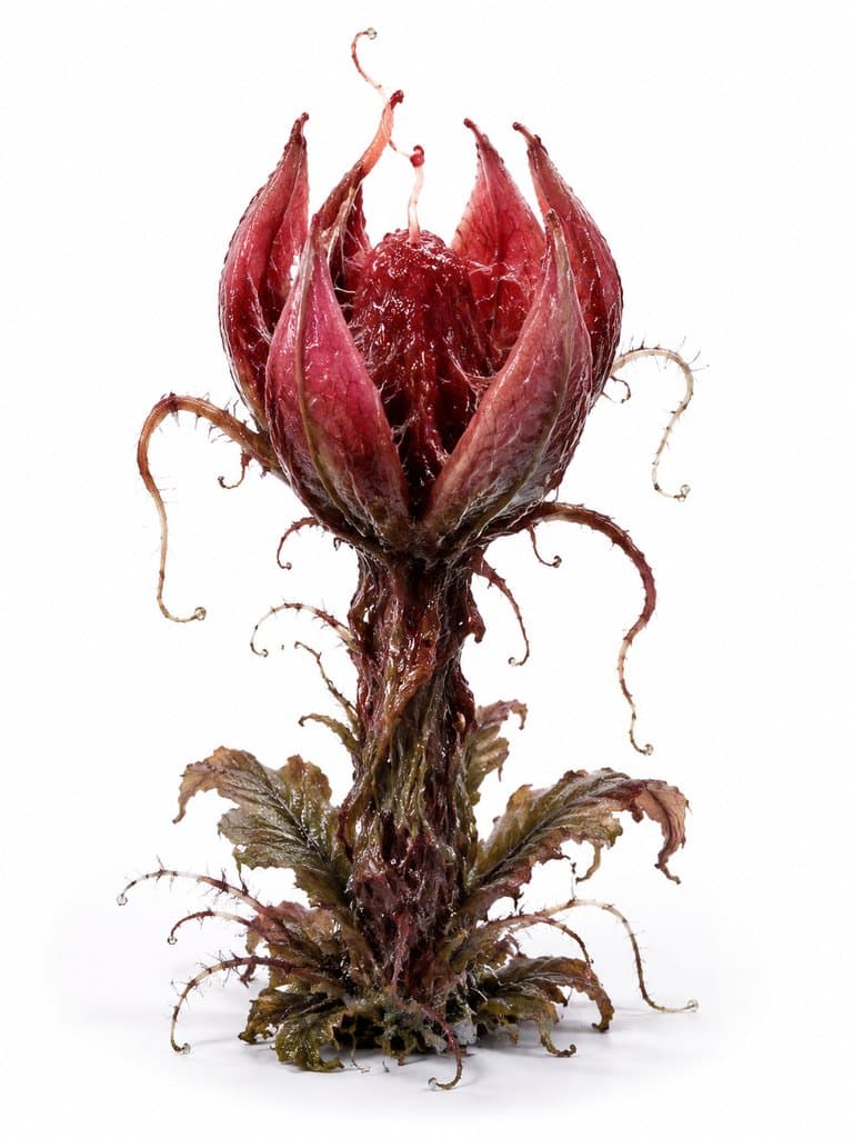 变异肉质植物，深红花瓣渗液，脉络蠕动，末世废土风格写实3D模型