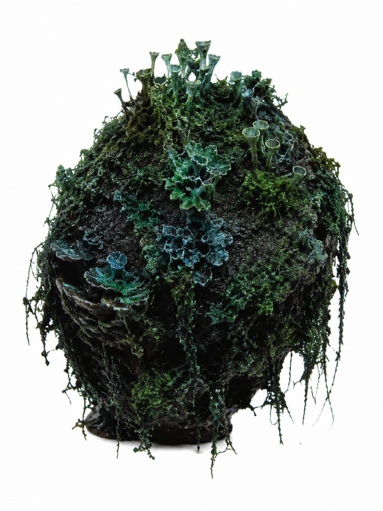 覆盖着发光苔藓和地衣的废墟头骨，末世风格写实植物3D资产