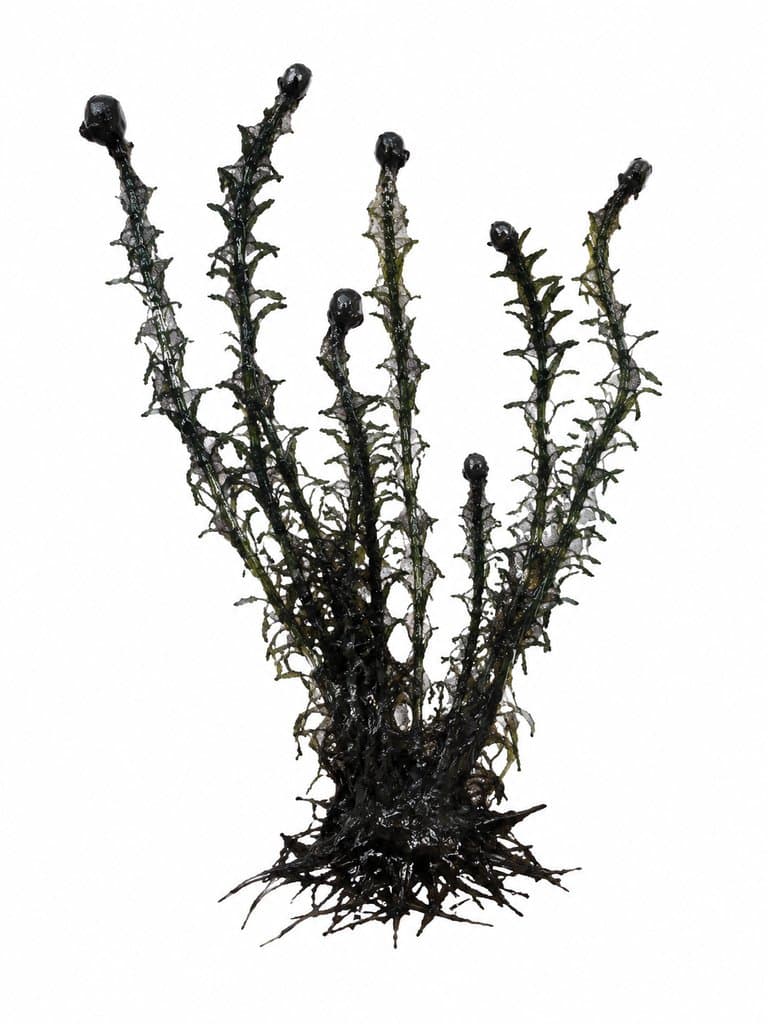 末世风格污染黑藻，墨黑色水生植物，带有毒泡，写实3D渲染