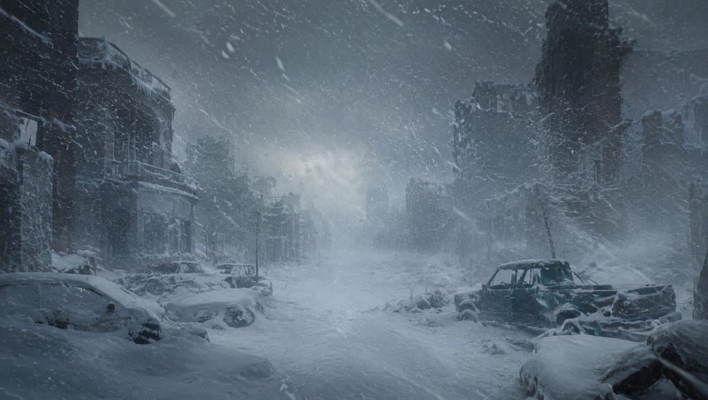 暴雪中的末世废土街道，废弃车辆与破败建筑被厚雪覆盖，写实风格3D特效图