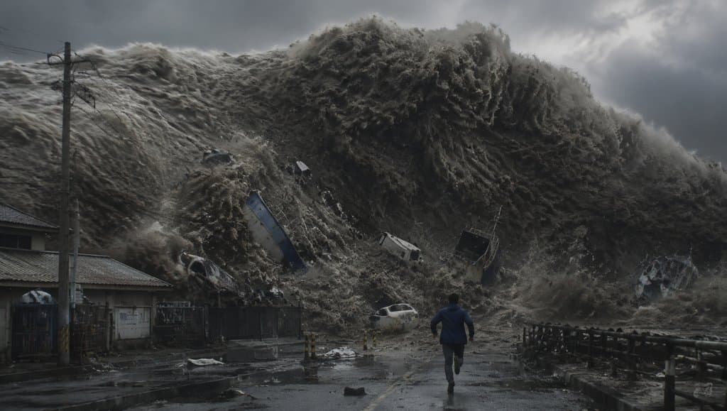 海啸巨浪席卷城镇，浑浊巨浪翻卷残骸，一人奔跑逃生，末世废土写实风格