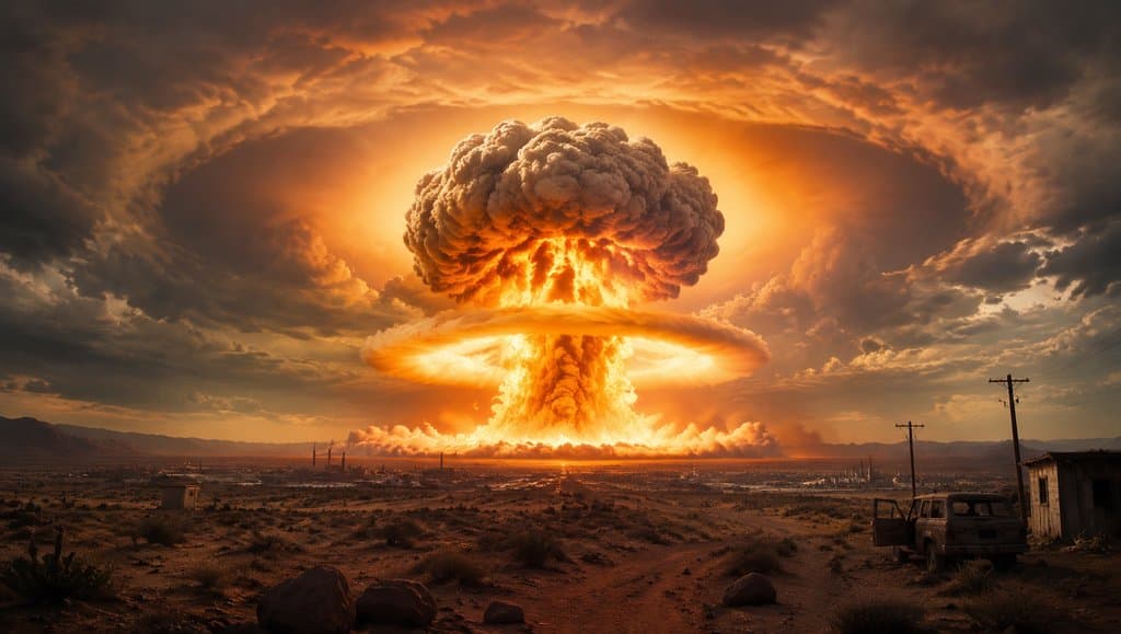 核爆蘑菇云在荒漠上空升起，橙红色火光与烟柱交织，末世废土写实风格