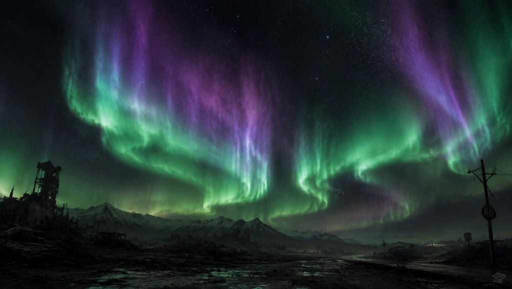 末世废土夜景，绿紫极光流动于星空下，写实风格