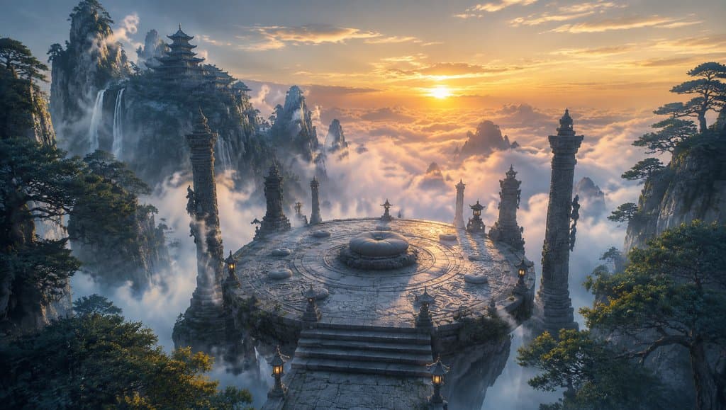 仙峰道场悬空石台，云海环绕，东方仙侠写实风格