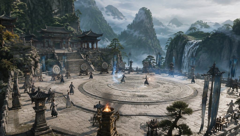 东方仙侠风格演武场，青石擂台中央有灵光环绕，人物演练武艺，背景为山峦瀑布与古建筑