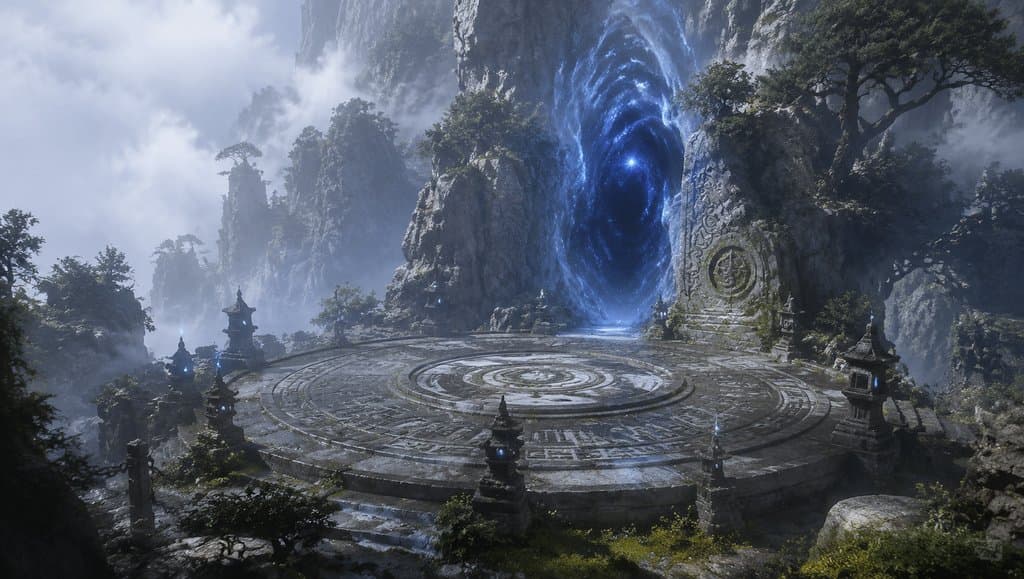 东方仙侠秘境入口，古阵石台前的空间裂隙，蓝色灵光漩涡，写实风格