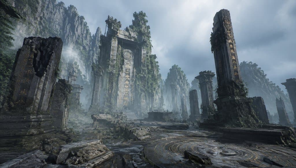 上古遗迹残殿石柱，符纹灵光环绕，东方仙侠写实风格场景