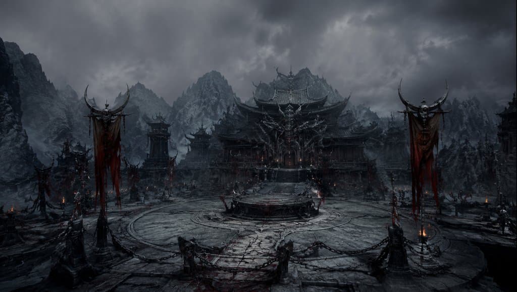 魔教总坛，玄黑魔殿，祭坛中央，东方仙侠写实风格