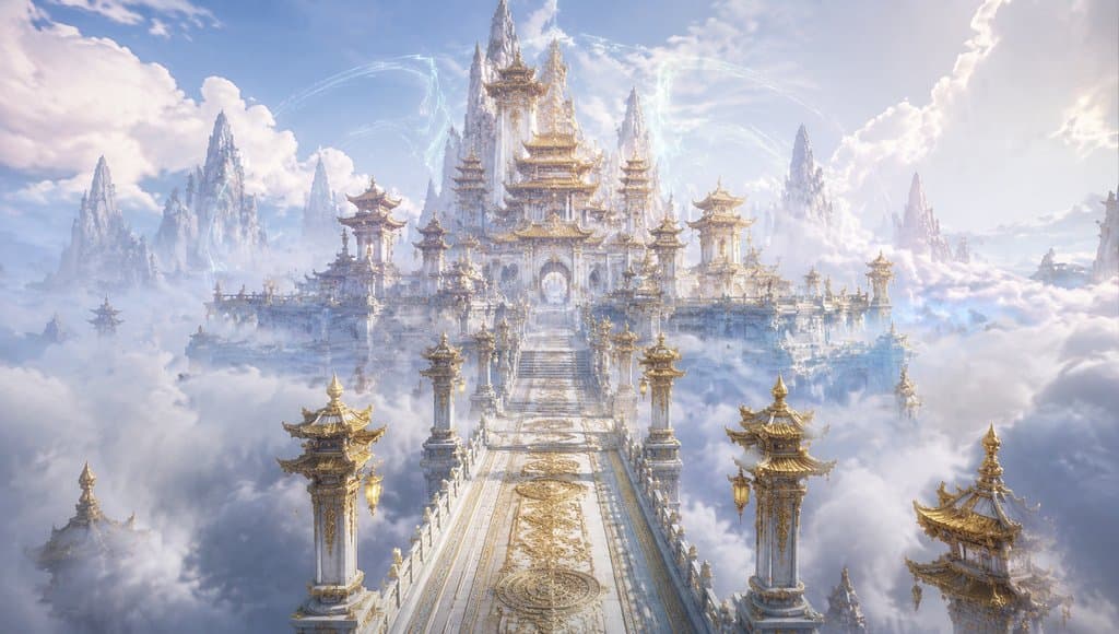 仙界天宫悬浮于云海之上，金碧辉煌的琼楼玉宇，东方仙侠风格写实场景