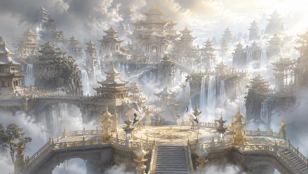 仙界琼楼，层叠仙阁，玉栏云瀑，瑞气缭绕，东方仙侠写实风格