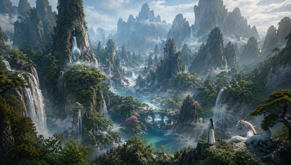 东方仙侠风格的灵兽山奇峰林泉，白衣人物与白龙静立山巅，云雾缭绕，瀑布飞泻，写实3D场景