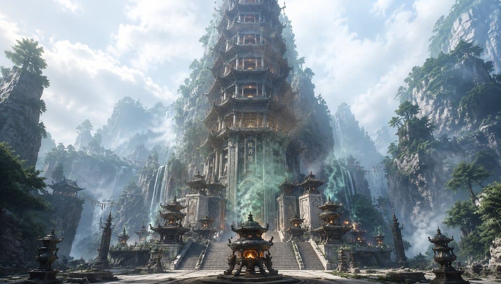 东方仙侠风格的丹塔，层叠炼丹楼阁，青烟缭绕，丹炉燃烧，山间瀑布环绕，写实3D场景