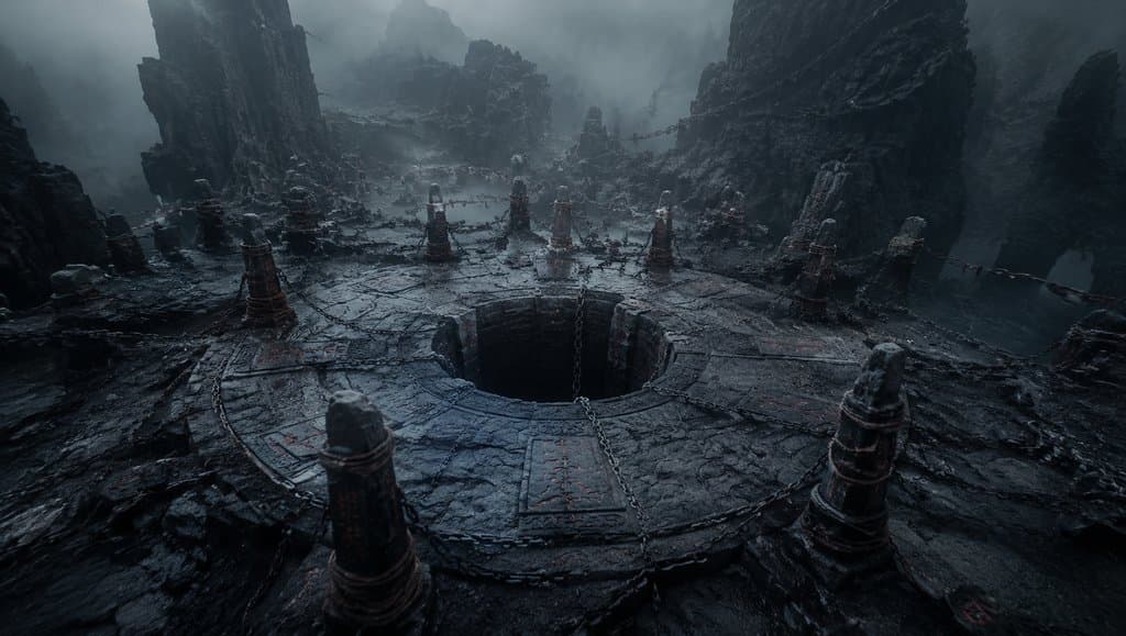 锁妖井，深井封印，环绕锁链与符咒，阴森东方仙侠写实场景