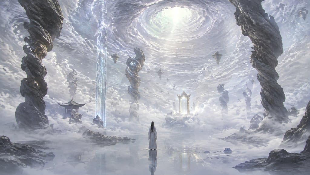 太虚幻境中，白衣人物立于云雾缭绕的奇景，东方仙侠风格写实场景