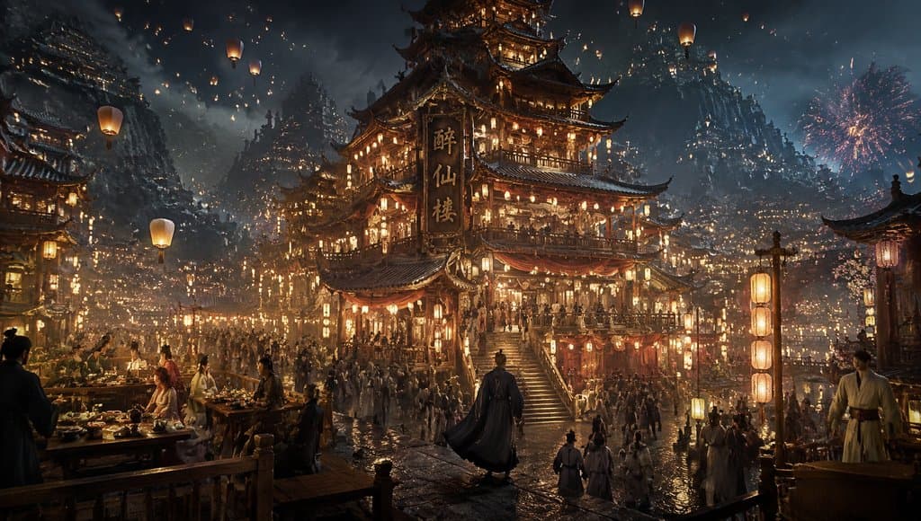 夜幕下灯火辉煌的醉仙楼，东方仙侠风格建筑群，悬浮灯笼与人群熙攘，写实3D场景