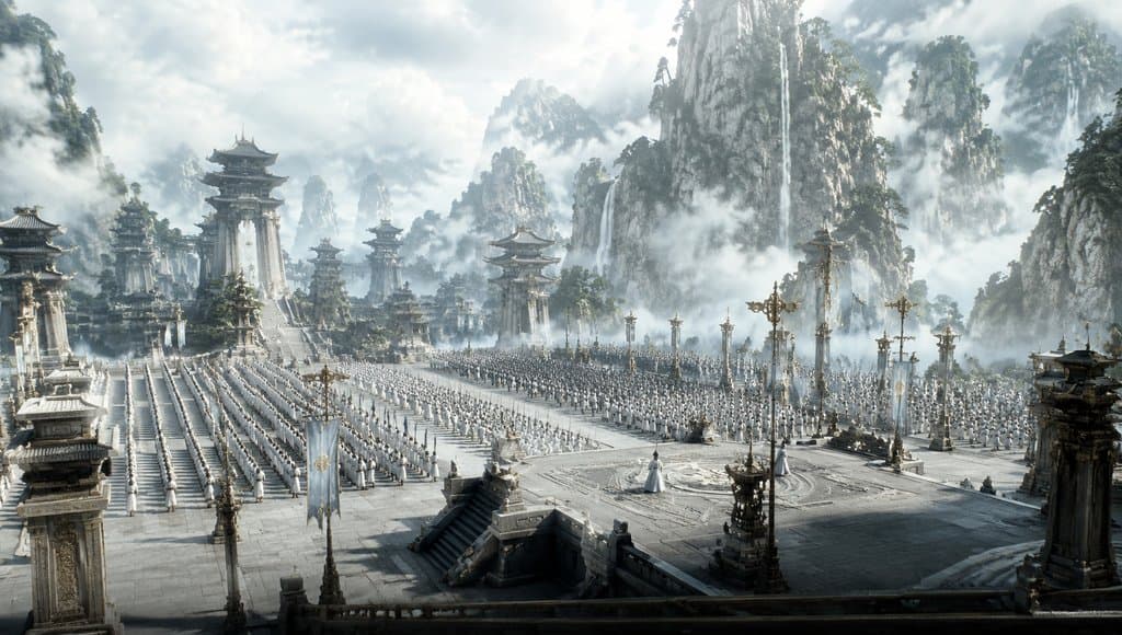 仙朝校场，列阵仙兵，帅台灵旗，东方仙侠写实风格场景