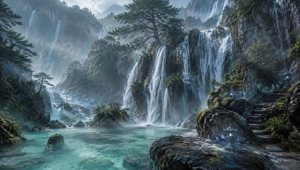 东方仙侠风格的瀑布灵潭，飞瀑倾泻，碧水清澈，水雾缭绕，松树苍劲，石阶古灯点缀，写实3D场景