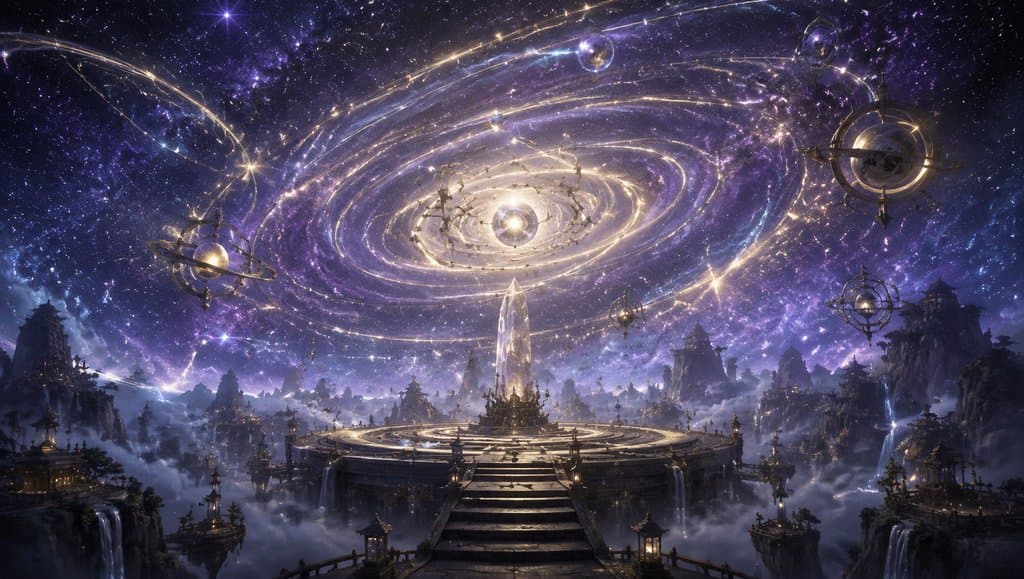 星空秘境中的东方仙侠悬浮宫殿，星轨环绕，晶莹光柱直通天际，写实奇幻风格