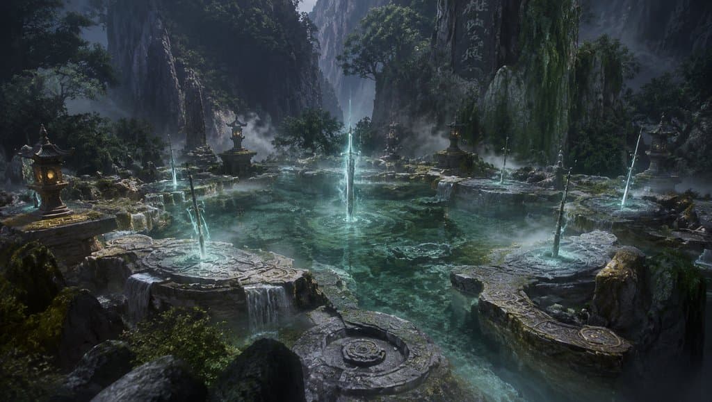 东方仙侠风格剑池，清冽灵泉中飞剑悬浮，石台古灯环绕，写实3D场景