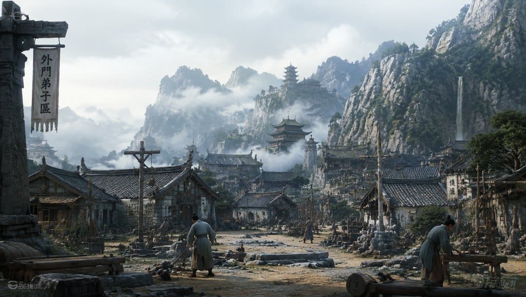 外门弟子区石屋群，山间仙侠村落，写实东方古风场景