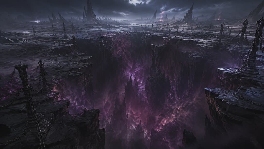 魔气深渊，紫雾缭绕的无底裂谷，阴森诡谲的东方仙侠写实场景