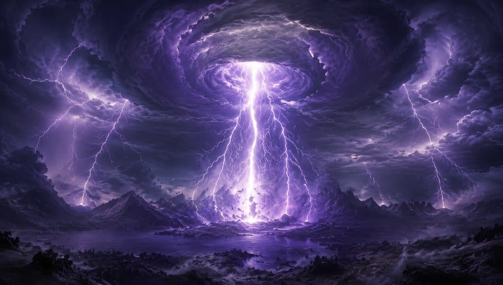雷泽上空翻腾的紫白雷云，中央巨雷柱劈下，东方仙侠写实风格场景