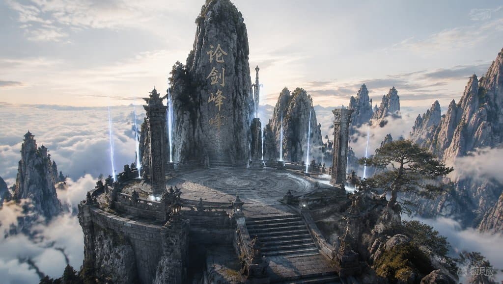 论剑峰孤峰剑台，云海缭绕，剑气冲天，东方仙侠写实场景