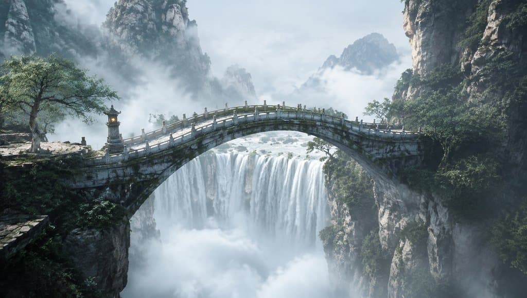 飞瀑仙桥横跨云雾缭绕的峡谷，瀑布倾泻而下，石桥古朴典雅，东方仙侠风格写实场景