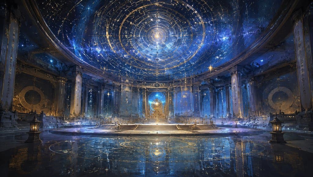 星辰殿内景，星图穹顶与星力法阵辉映，东方仙侠写实风格