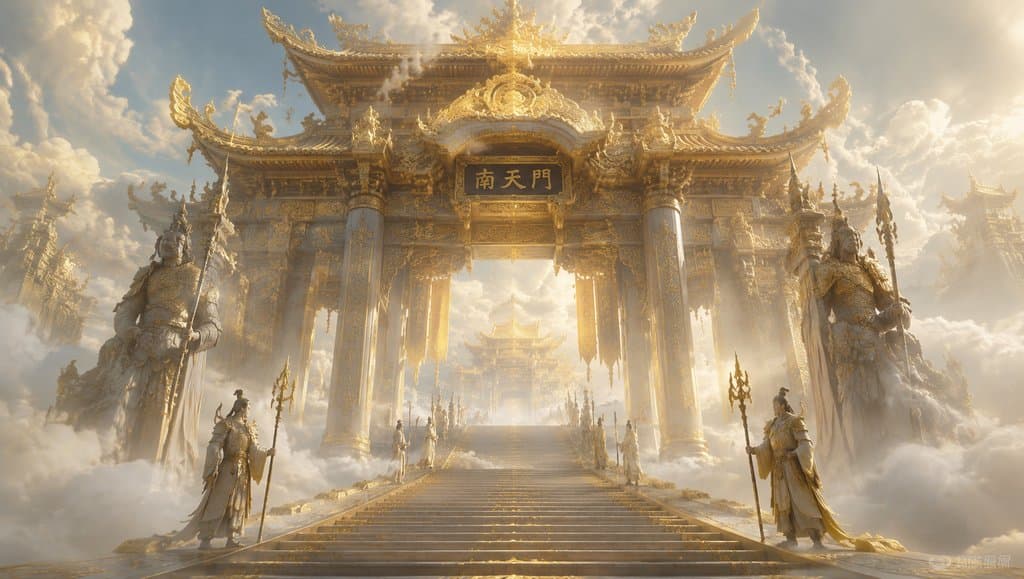 仙界南天门，金色宏伟天门，两侧守卫持戟，云雾缭绕，东方仙侠写实风格
